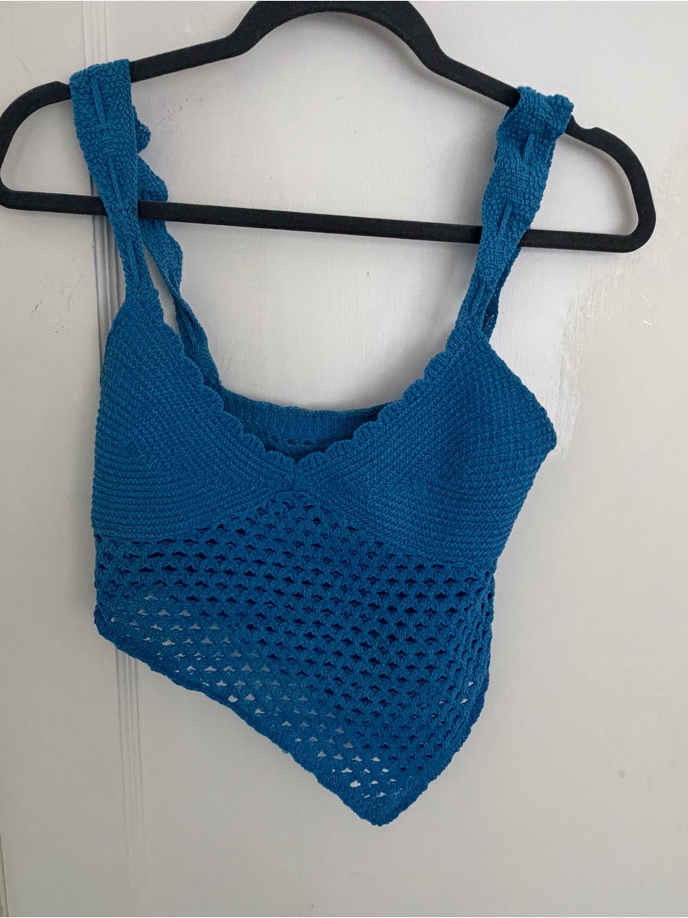 Blue Asymmetrical Crochet Tank Top — Women's Summer Knit Cami